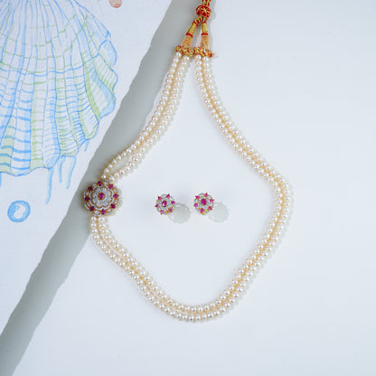 Stunning Red Stone Pearl Necklace and Earring Set