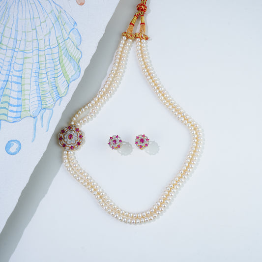 Stunning Red Stone Pearl Necklace and Earring Set
