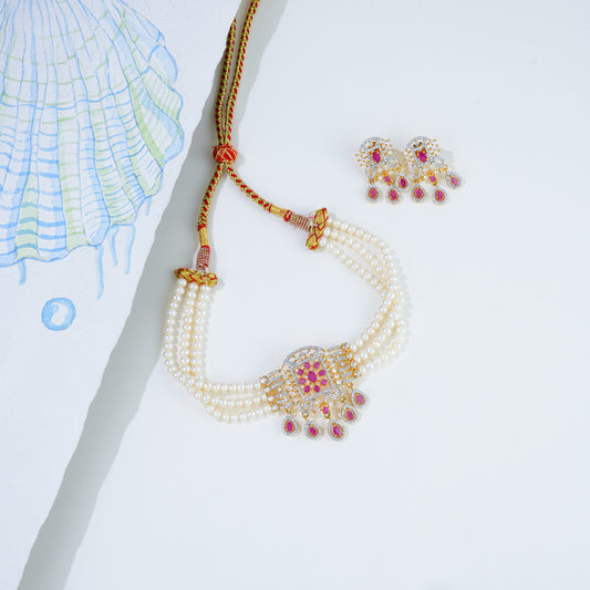 Alluring Red Stone Freshwater Pearl Choker Set