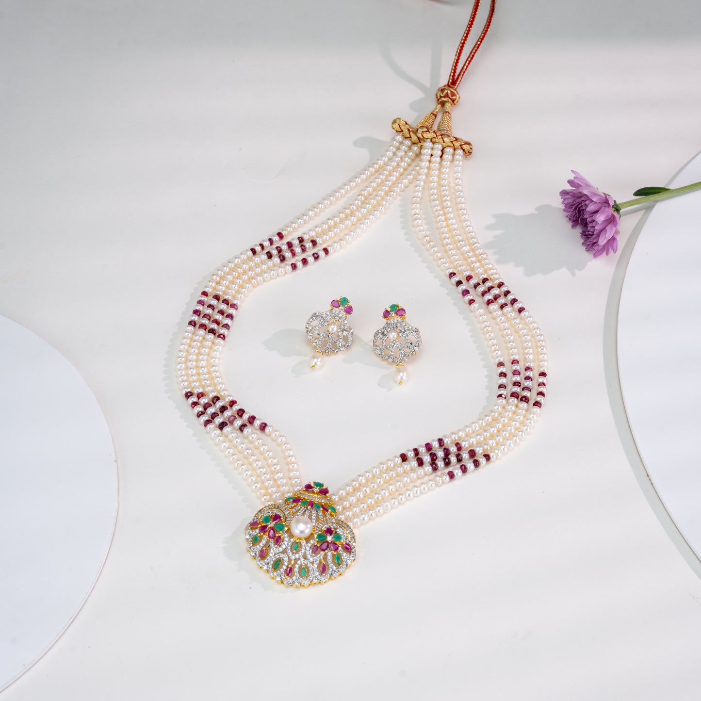 Natural Ruby With Button Freshwater Pearl Necklace Set