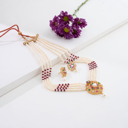 Natural Ruby With Button Freshwater Pearl Necklace Set