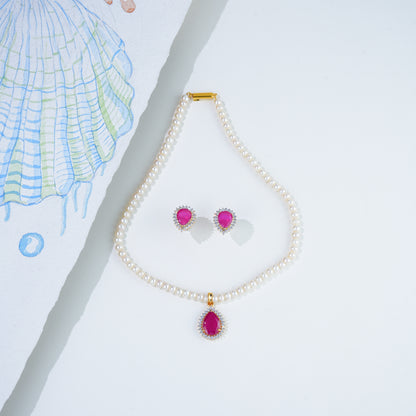 Unique Red Stone Freshwater Pearl Necklace Set