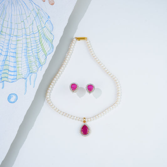 Unique Red Stone Freshwater Pearl Necklace Set