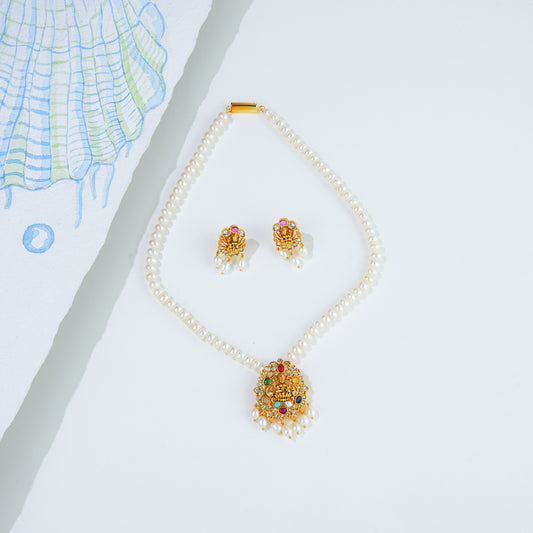 Vintage Navratna Stone Freshwater Pearl Necklace Set