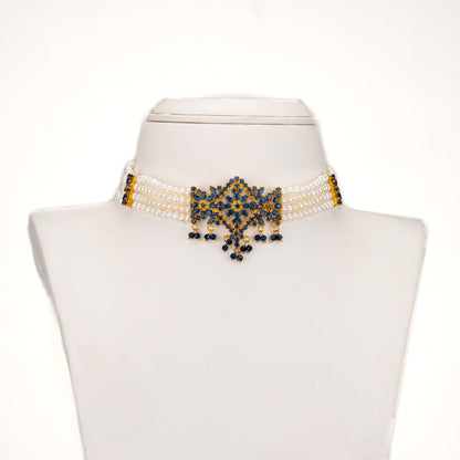Designer Dark Blue Stone Freshwater Pearl Choker Set