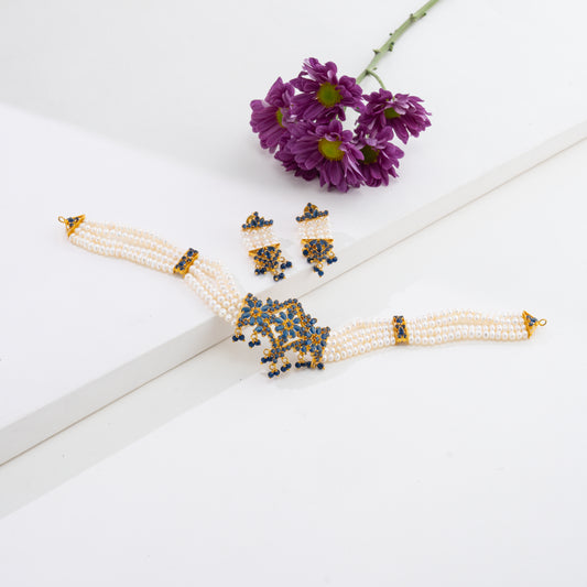 Designer Dark Blue Stone Freshwater Pearl Choker Set