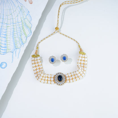 Designer Dark Blue Stone Freshwater Pearl Choker Set