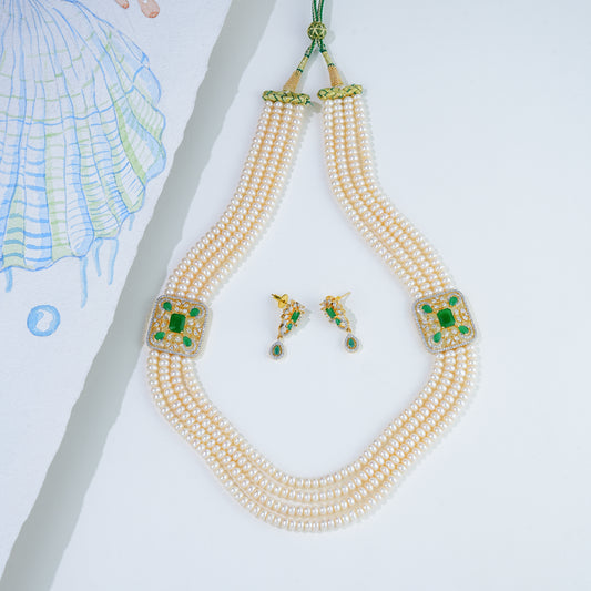 Innovative Green Stone  Side Pieces Freshwater Pearl Necklace Set