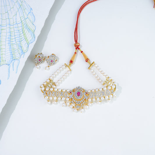 Exotic Red Stone Freshwater Pearl Choker Set