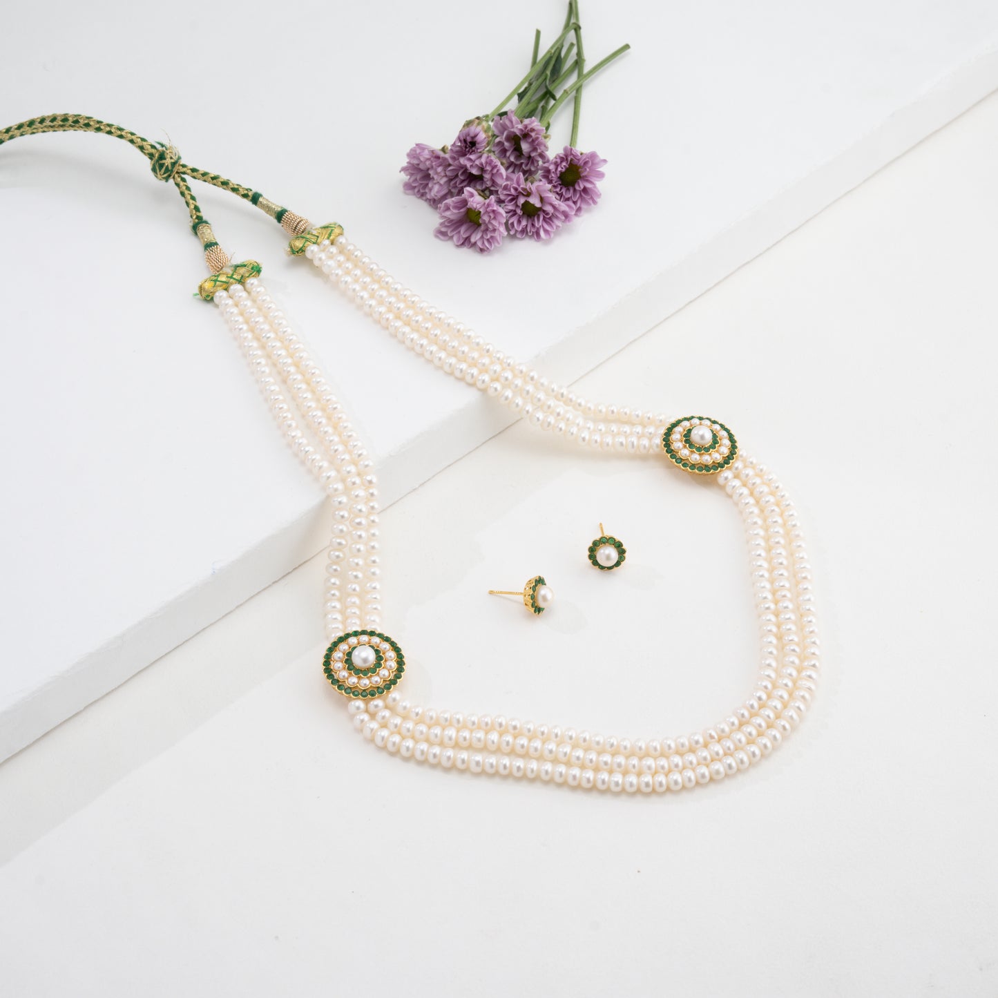 Charming Green Stone Side Piece Freshwater Pearl Necklace Set