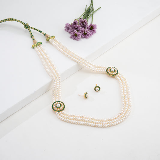 Charming Green Stone Side Piece Freshwater Pearl Necklace Set