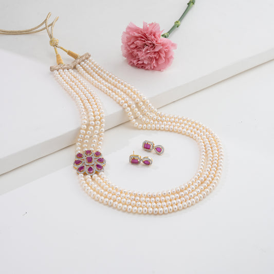 Elegant Red Stone Side Piece Freshwater Pearl Necklace Set