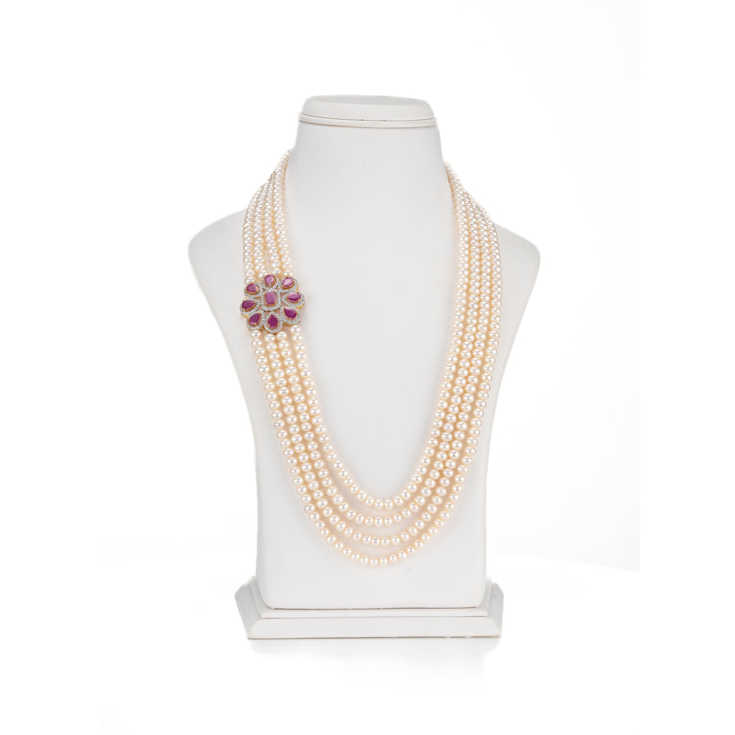 Elegant Red Stone Side Piece Freshwater Pearl Necklace Set