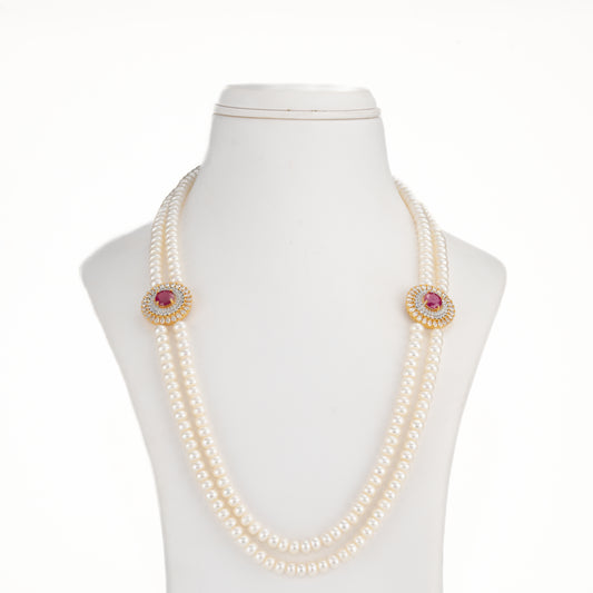 Stunning Red Stone Pearl Necklace and Earring Set