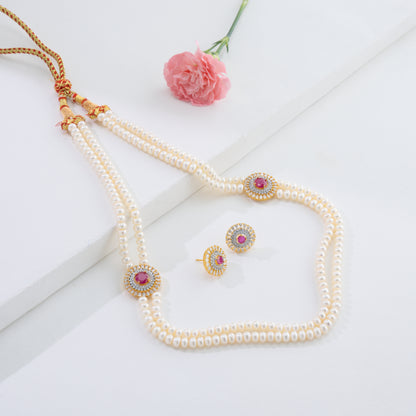 Stunning Red Stone Freshwater Pearl Necklace and Earring Set