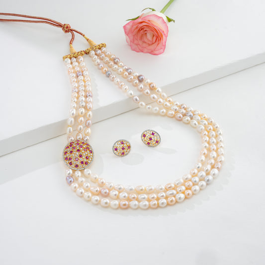 Comfortable Red Stone Multicolor Pearl Necklace Set