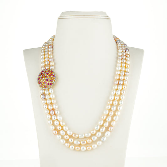 Comfortable Red Stone Multicolor Pearl Necklace Set