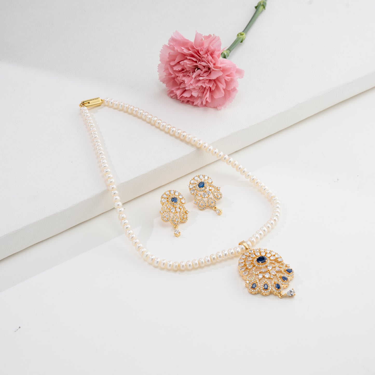 Clustered Blue Stone Freshwater Pearls Necklace Set