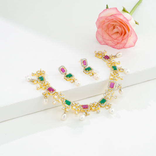 Feminine Drop Red Green Multicolor Freshwater Pearls Choker Set
