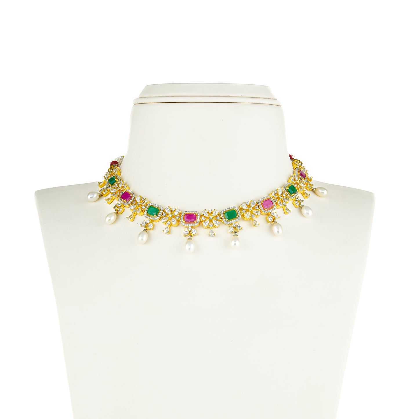 Feminine Drop Red Green Multicolor Freshwater Pearls Choker Set