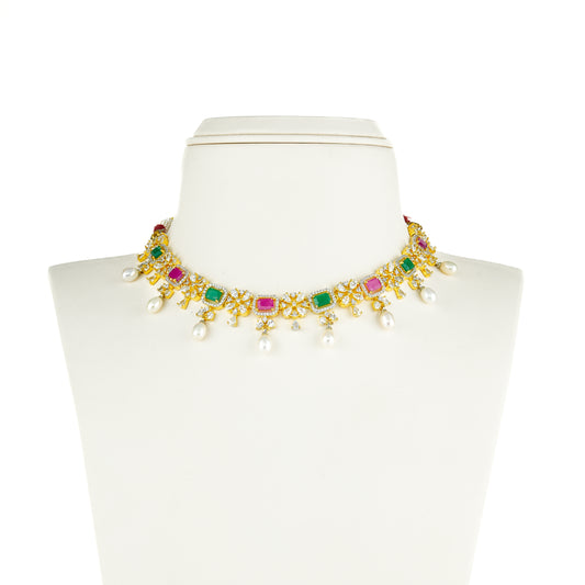 Feminine Drop Red Green Multicolor Freshwater Pearls Choker Set