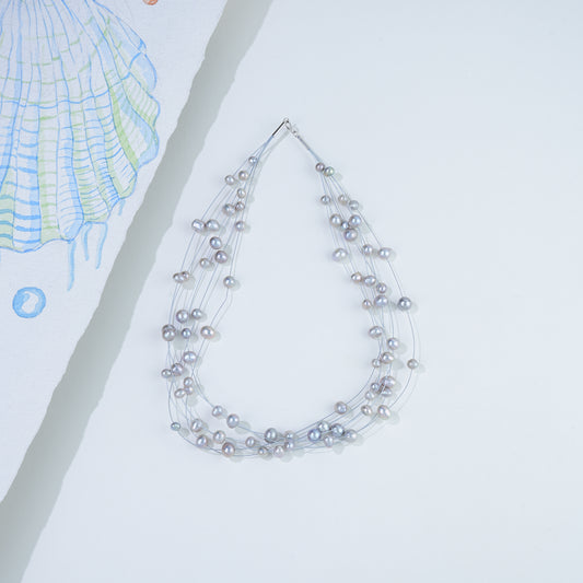 Edgy Grey Near Round Wire Freshwater Pearls Necklace