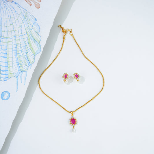 Luminous Red Color Stone Freshwater Pearl Necklace Set