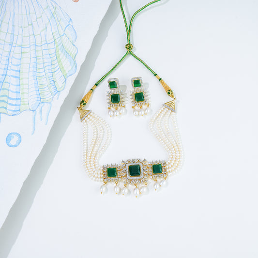 Adorable Green Stone Freshwater Pearls Choker Set
