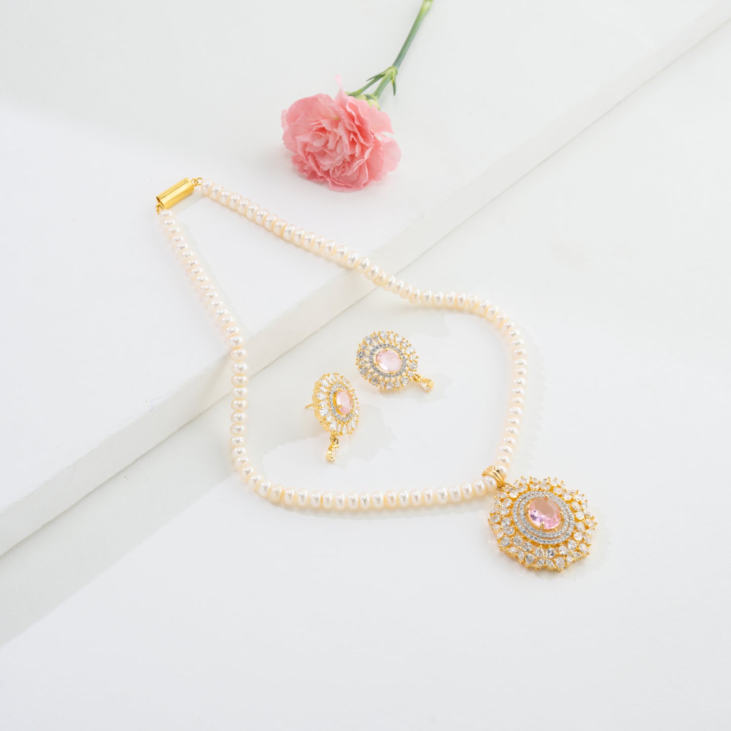 Floral Pink Stone Freshwater Pearl Necklace Set