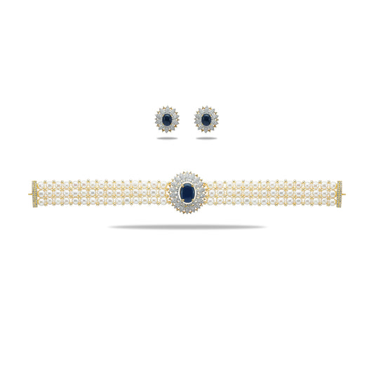 Designer Dark Blue Stone Freshwater Pearl Choker Set