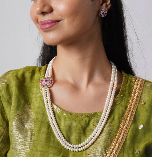 Stunning Red Stone Pearl Necklace and Earring Set