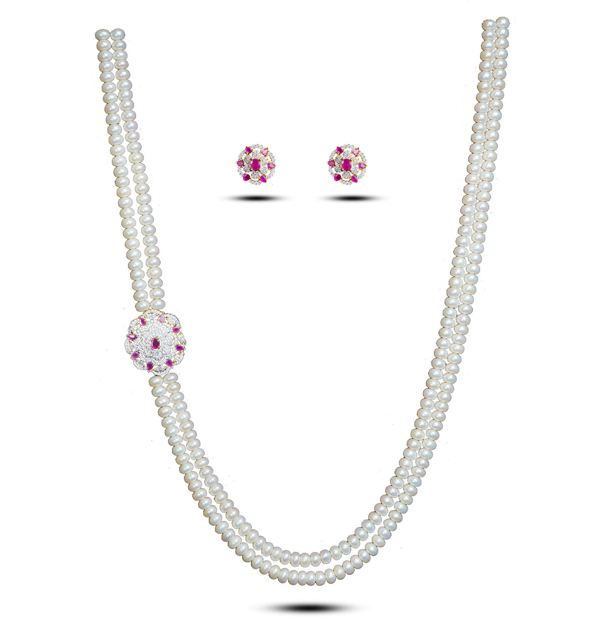 Stunning Red Stone Pearl Necklace and Earring Set