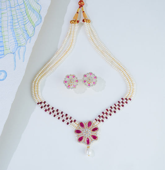 Natural Ruby With Button Freshwater Pearl Necklace Set