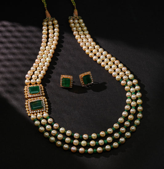 Distinctive Emerald Beads Pearl Side Piece Necklace