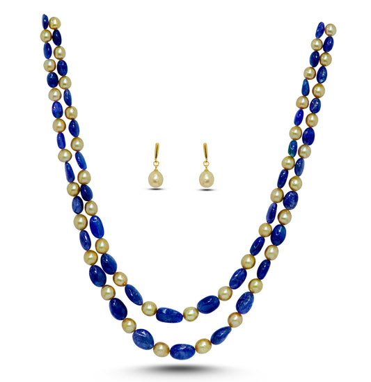 Natural Tanzanite Beads and 8.0-9.0mm Golden South Sea Pearls Necklace Set - A Quality