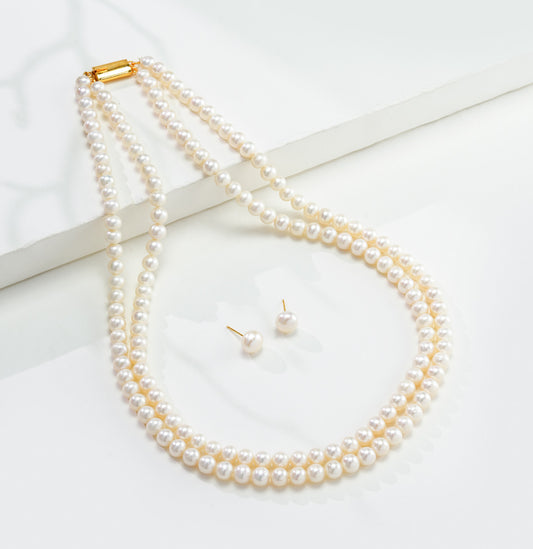 6.0-7.0mm White Near Round Freshwater Pearl Necklace Set - AA Quality