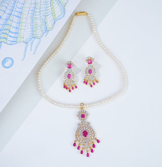 Cherished Red Stone Pearl Necklace Set