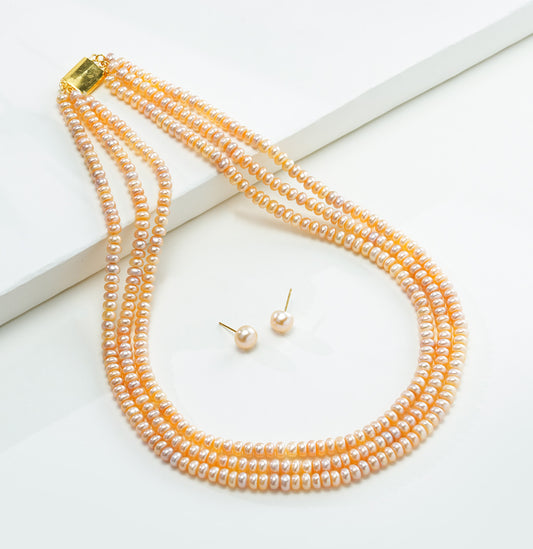 3.0-4.0mm Freshwater Pink Button Pearl Necklace Set - AA Quality