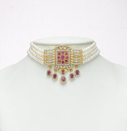 Alluring Red Stone Freshwater Pearl Choker Set