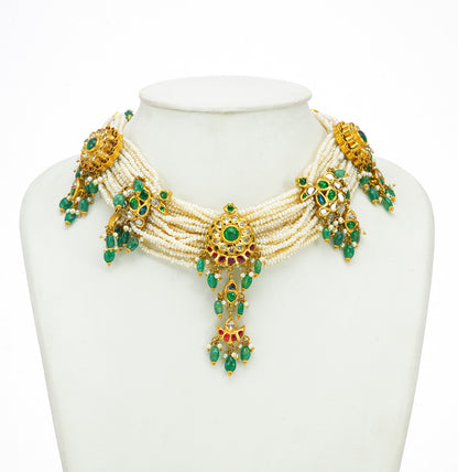 Textured Kundan Polki Pearl  Emerald Choker