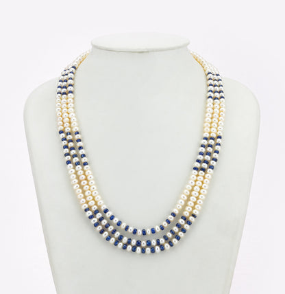 Natural Blue Sapphire And 5.0-6.0mm Button Freshwater Pearl Necklace Set - AA Quality