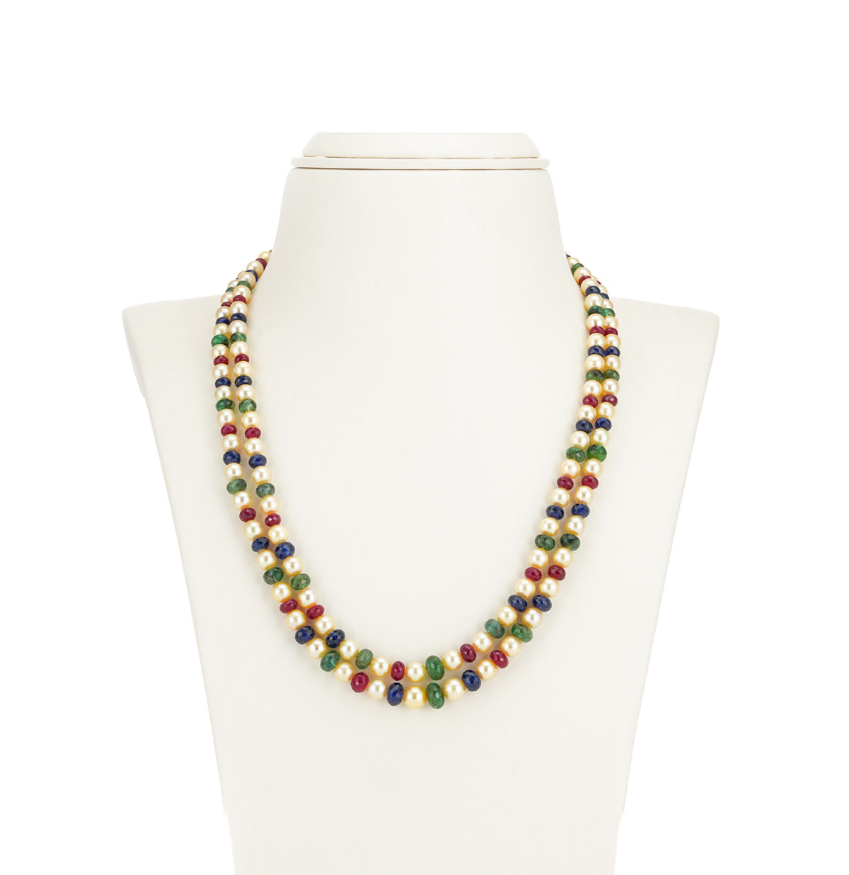 Natural Ruby & Emerald & Sapphire Beads and 6.0-7.0mm Golden Saltwater Akoya Pearls Necklace Set - A Quality