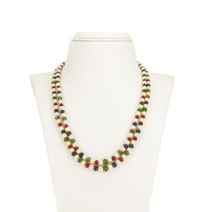 Natural Ruby & Emerald & Sapphire Beads and 6.0-7.0mm Golden Saltwater Akoya Pearls Necklace Set - A Quality