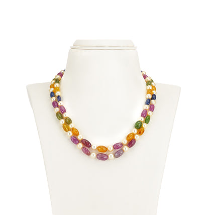 Natural Navaratan  Beads and 7.0-8.0mm Cream South Sea Pearls Necklace Set - A Quality