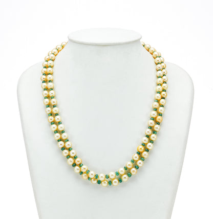 Natural Emerald and Golden Saltwater Akoya Pearls Necklace Set - A Quality