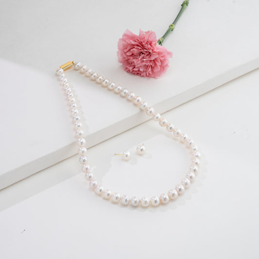 9.0-10.0mm White Round Freshwater Pearl Necklace Set - AAA Quality
