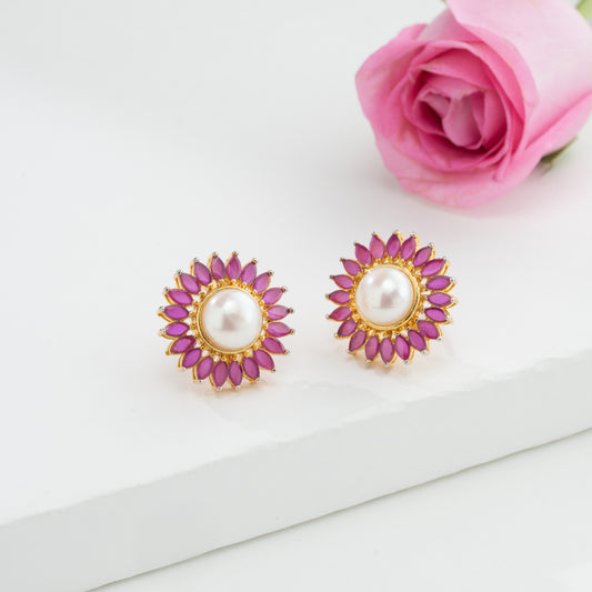 Floral Red Stone Pearl Stud Earrings
