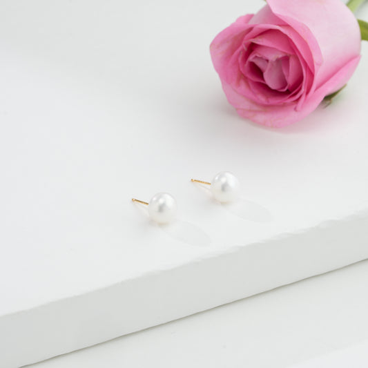 White Button Pearl Stud Earrings