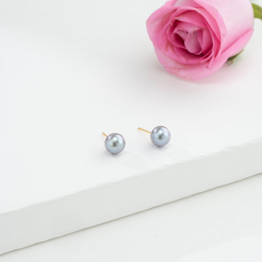 Grey Button Pearl Stud Earrings