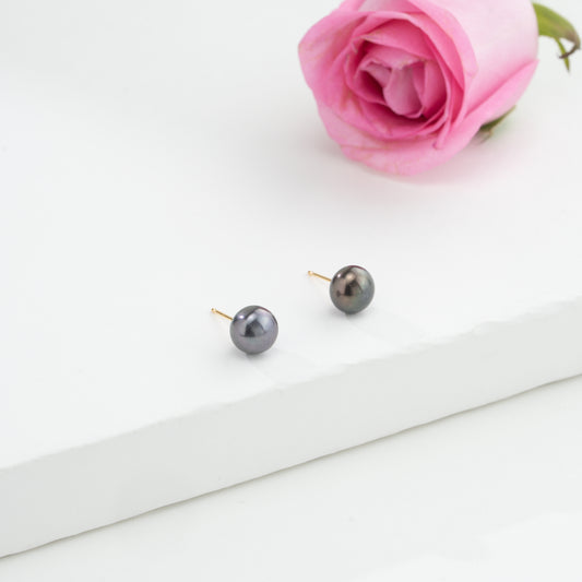 Dark Blue Button Pearl Stud Earrings